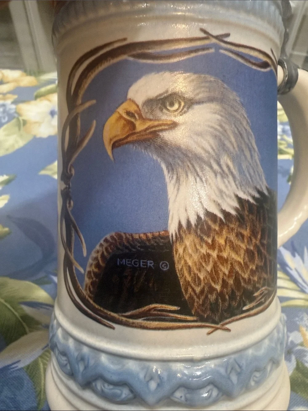 Alaska Ceramic Bald Eagle Beer Stein - Cream and Blue